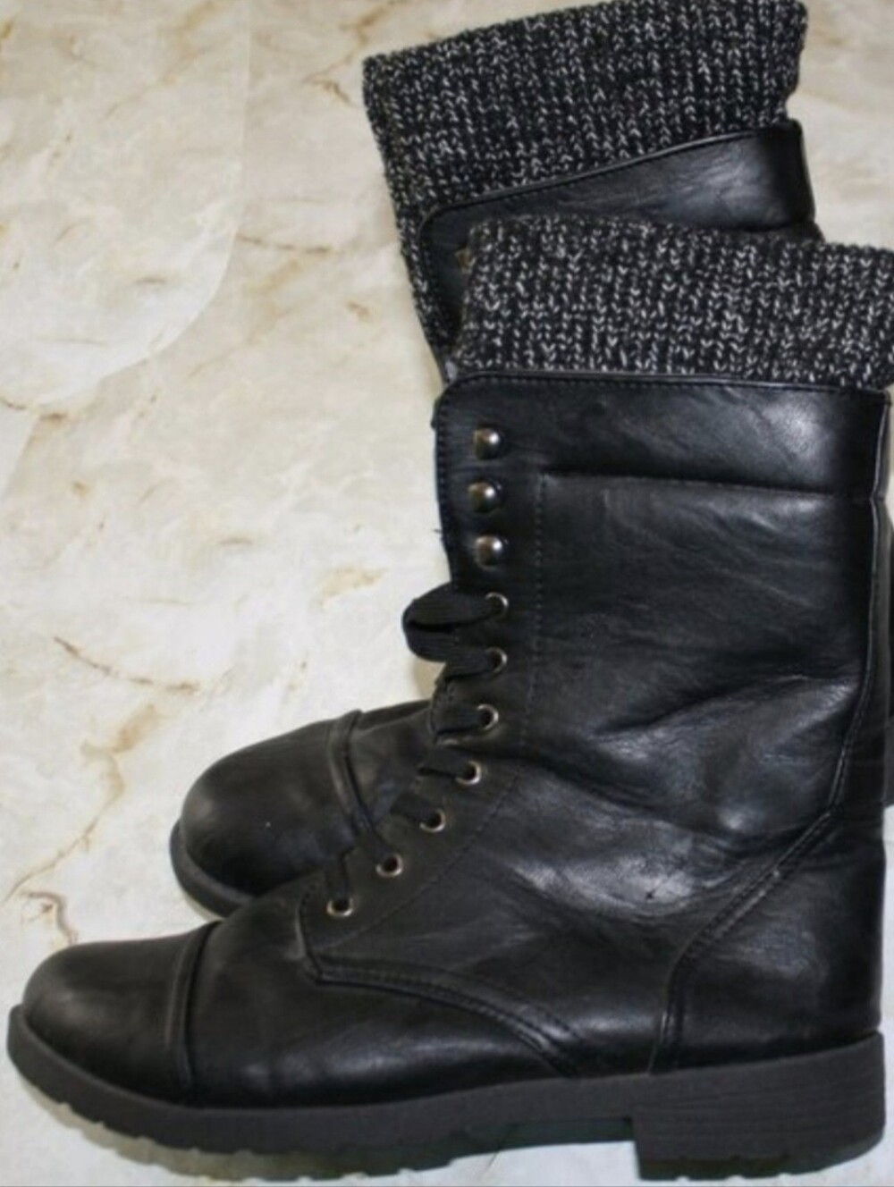 BLUE SUEDE SHOES Brand Boots Leather Knit Band Biker Moto Goth Chunky Black 8